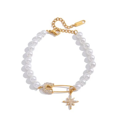 Breichled Pearl Pin Diogelwch Zircon